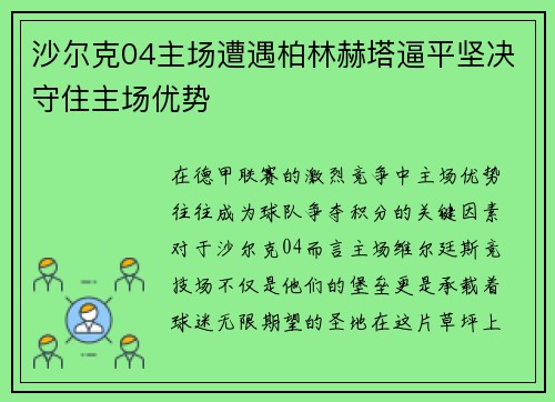 沙尔克04主场遭遇柏林赫塔逼平坚决守住主场优势