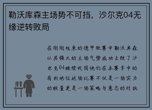 勒沃库森主场势不可挡，沙尔克04无缘逆转败局