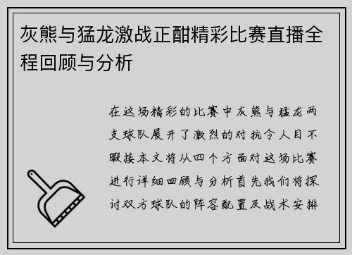 灰熊与猛龙激战正酣精彩比赛直播全程回顾与分析