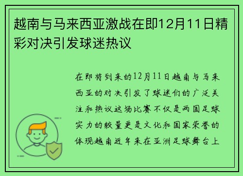 越南与马来西亚激战在即12月11日精彩对决引发球迷热议