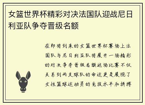女篮世界杯精彩对决法国队迎战尼日利亚队争夺晋级名额