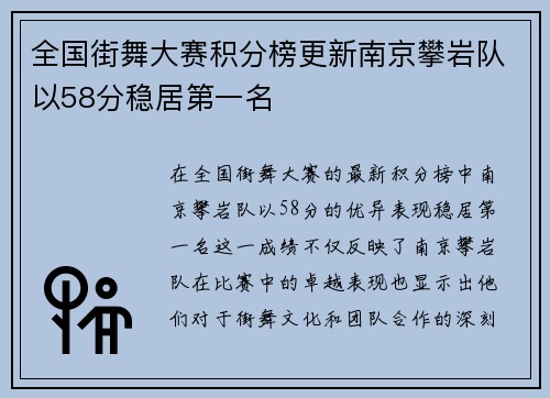 全国街舞大赛积分榜更新南京攀岩队以58分稳居第一名
